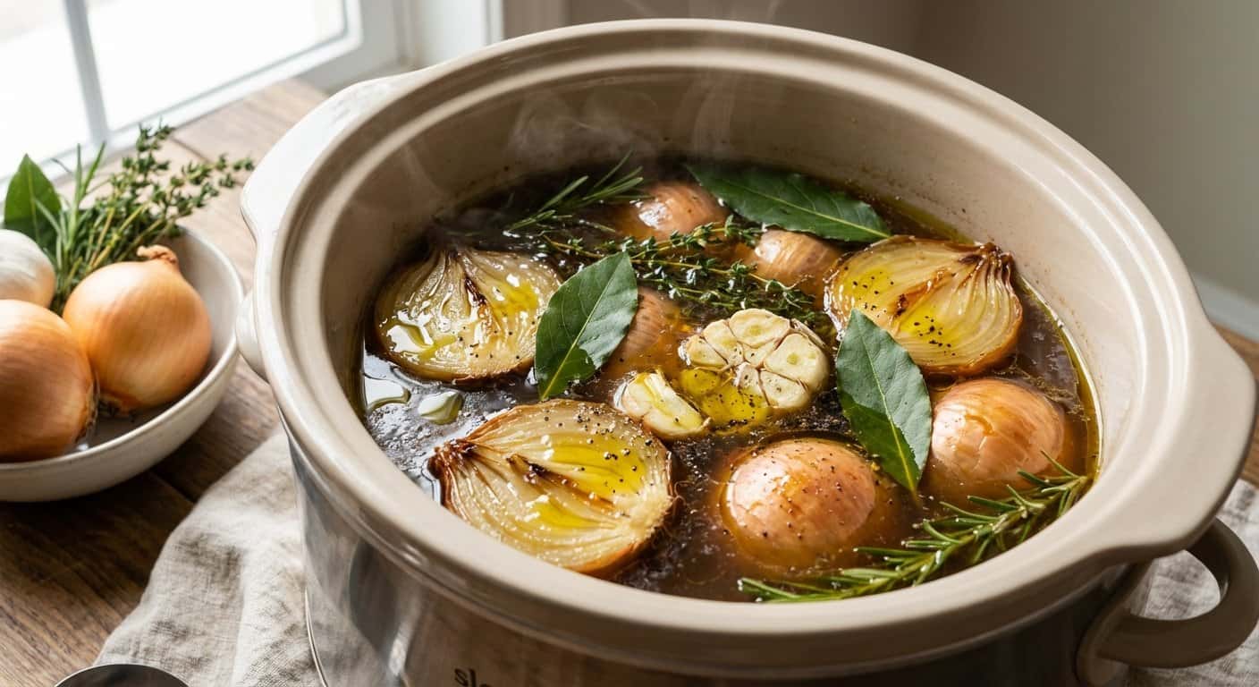 Caldo Reconfortante de Cebolla con Laurel en Slow Cooker
