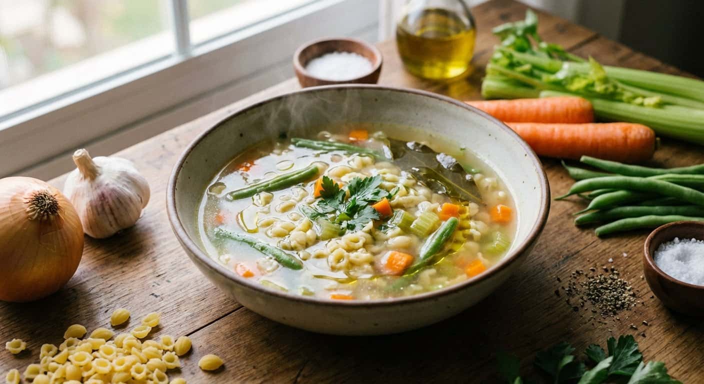 Caldo Suave con Pasta y Judías Verdes