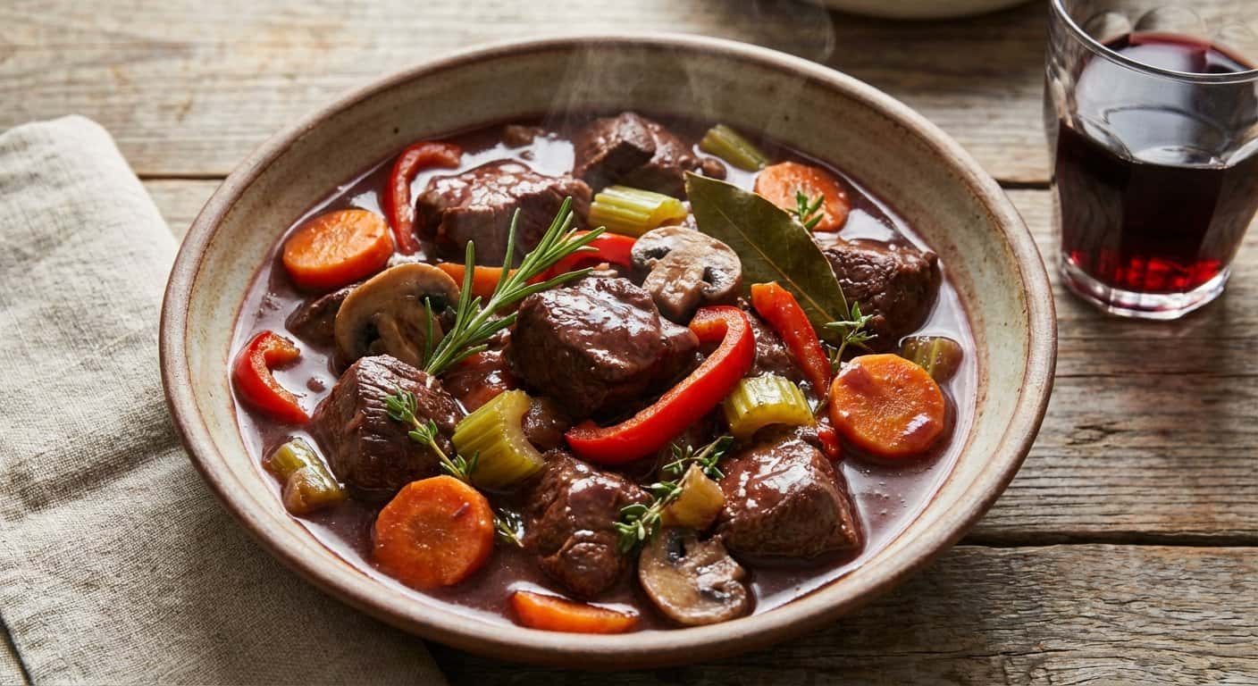 Carne de Venado Estofada con Vino Tinto y Verduras Keto