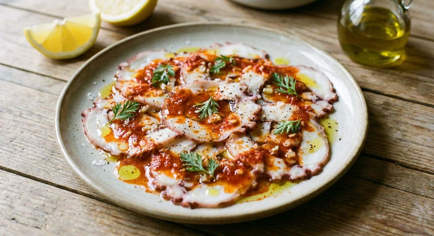 Carpaccio de pulpo con emulsión de pimentón y limón
