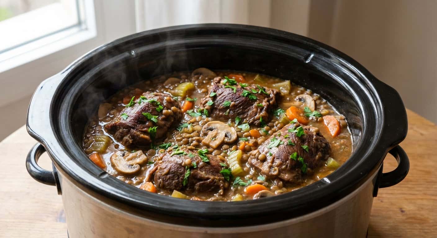 Carrilleras de lentejas con champiñones y caldo de carne en slow cooker