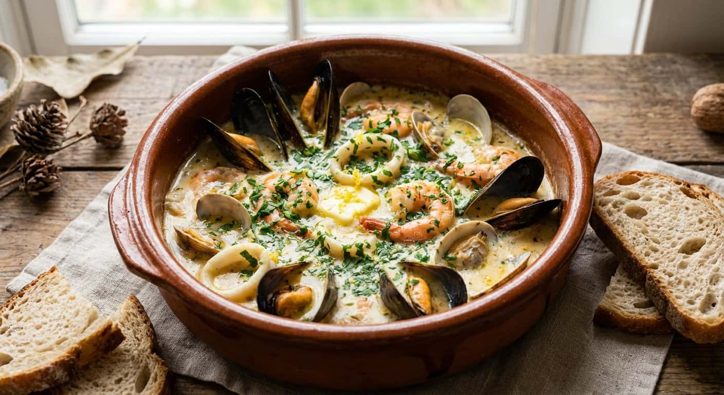 Cazuela tibia de marisco con crema de ajo y perejil