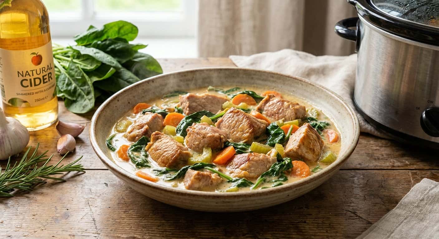 Cerdo a fuego lento con espinacas, ajo y sidra