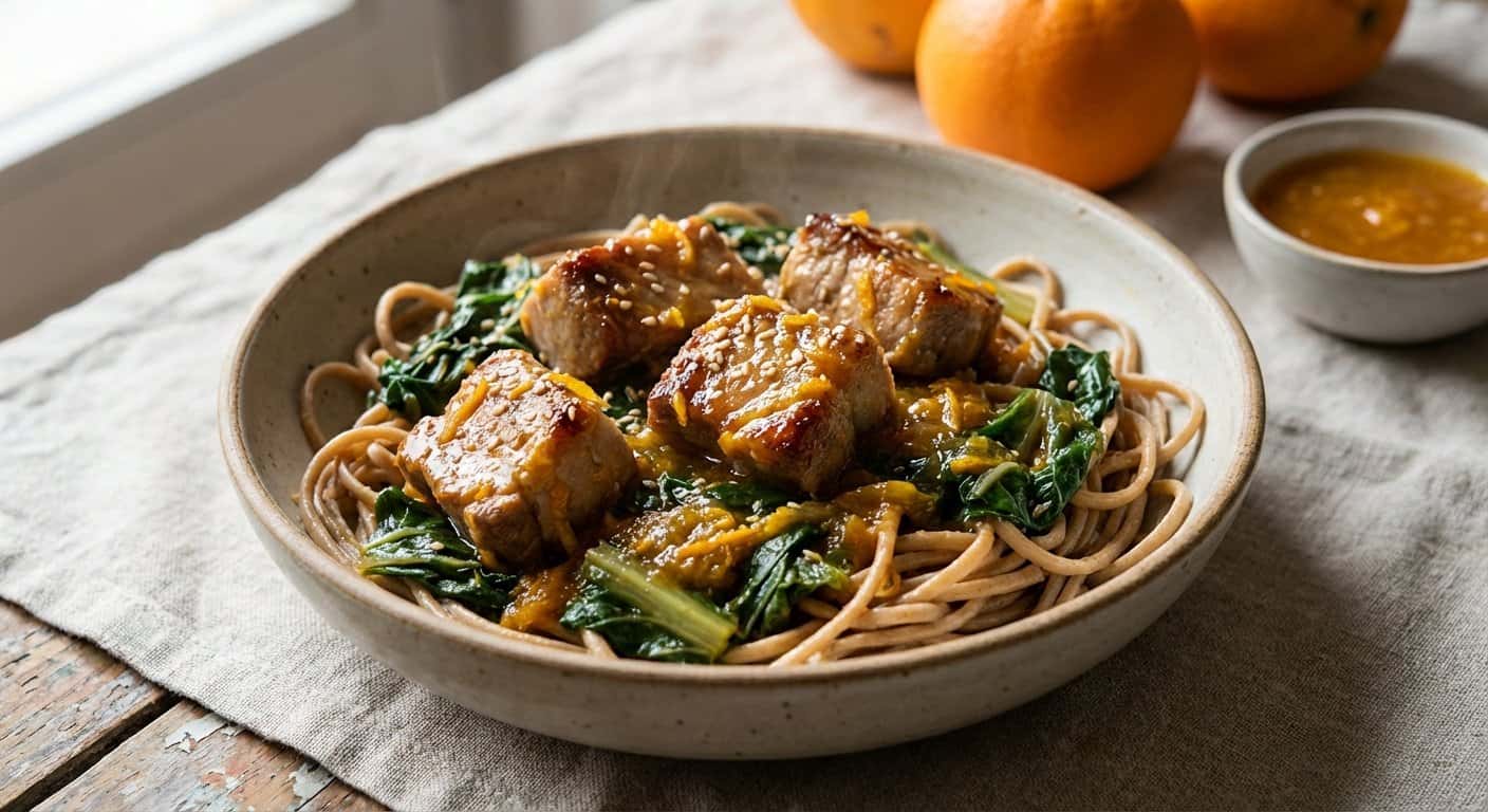 Cerdo a la Naranja con Acelgas y Fideos Integrales