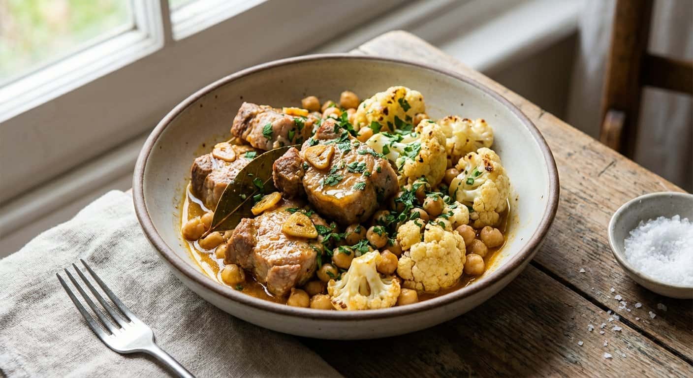 Cerdo al Ajillo con Coliflor y Garbanzos