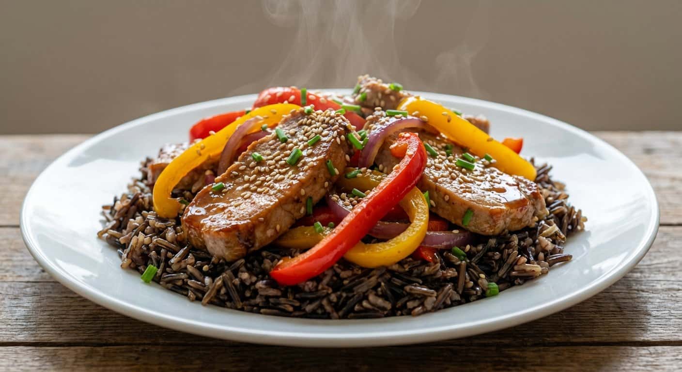 Cerdo al Asiático con Pimientos y Arroz Salvaje