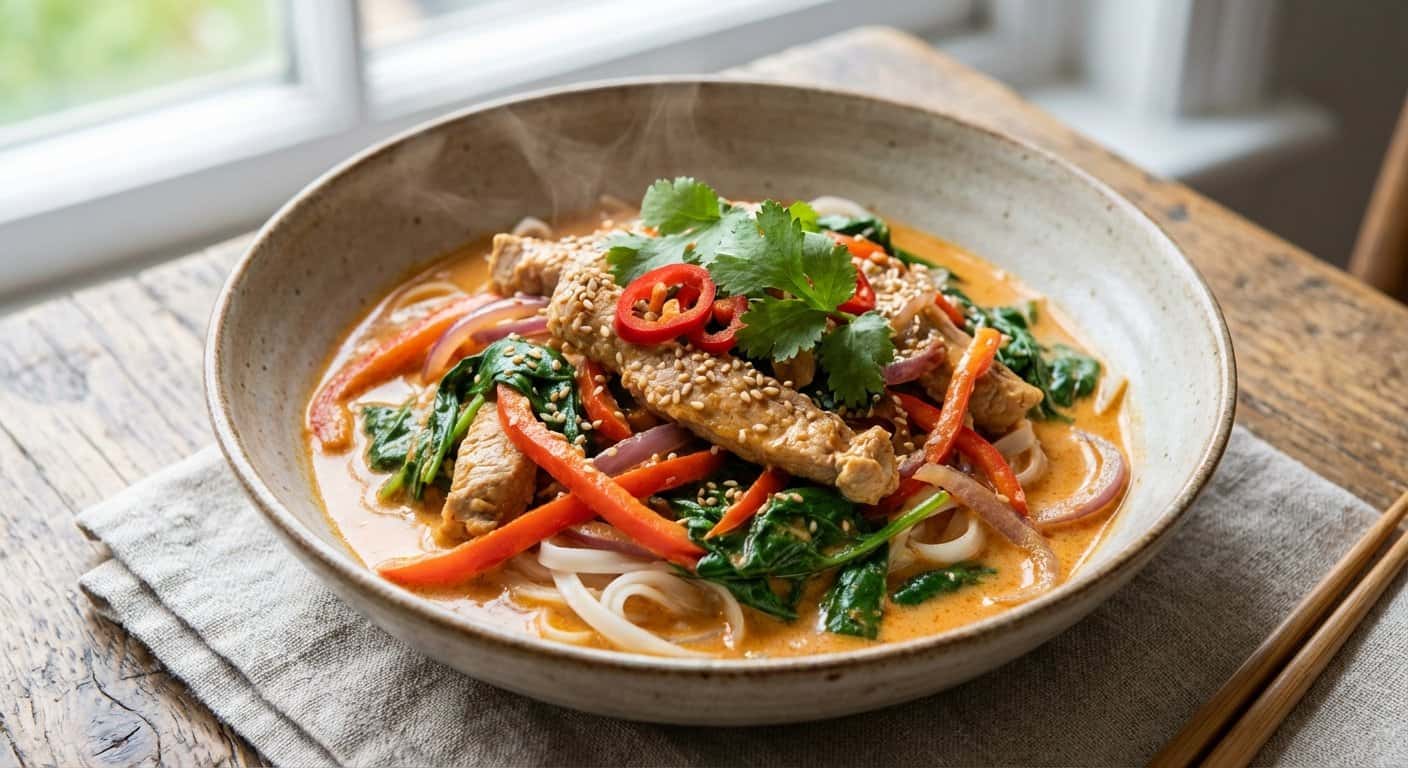 Cerdo al Curry con Espinacas y Fideos de Arroz