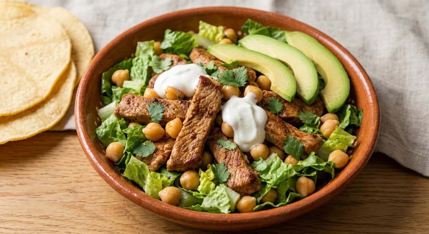 Cerdo al Mexicano Suave con Lechuga Romana y Garbanzos