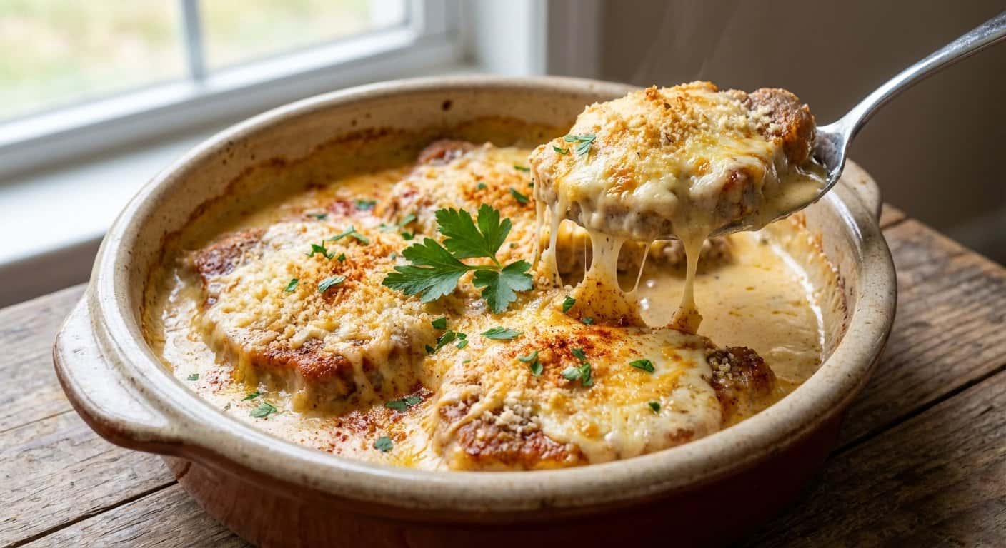 Cerdo con Queso Gratinado y Salsa de Queso