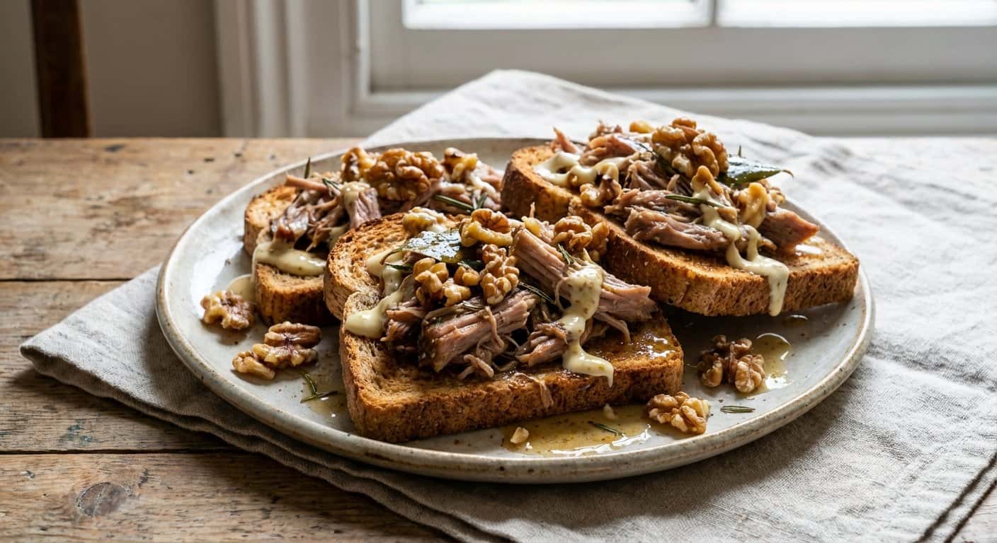 Cerdo Desmenuzado en Tostas Integrales con Nueces