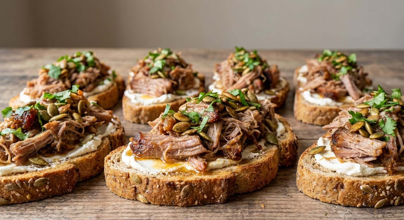 Cerdo Desmenuzado en Tostas Integrales con Semillas de Calabaza