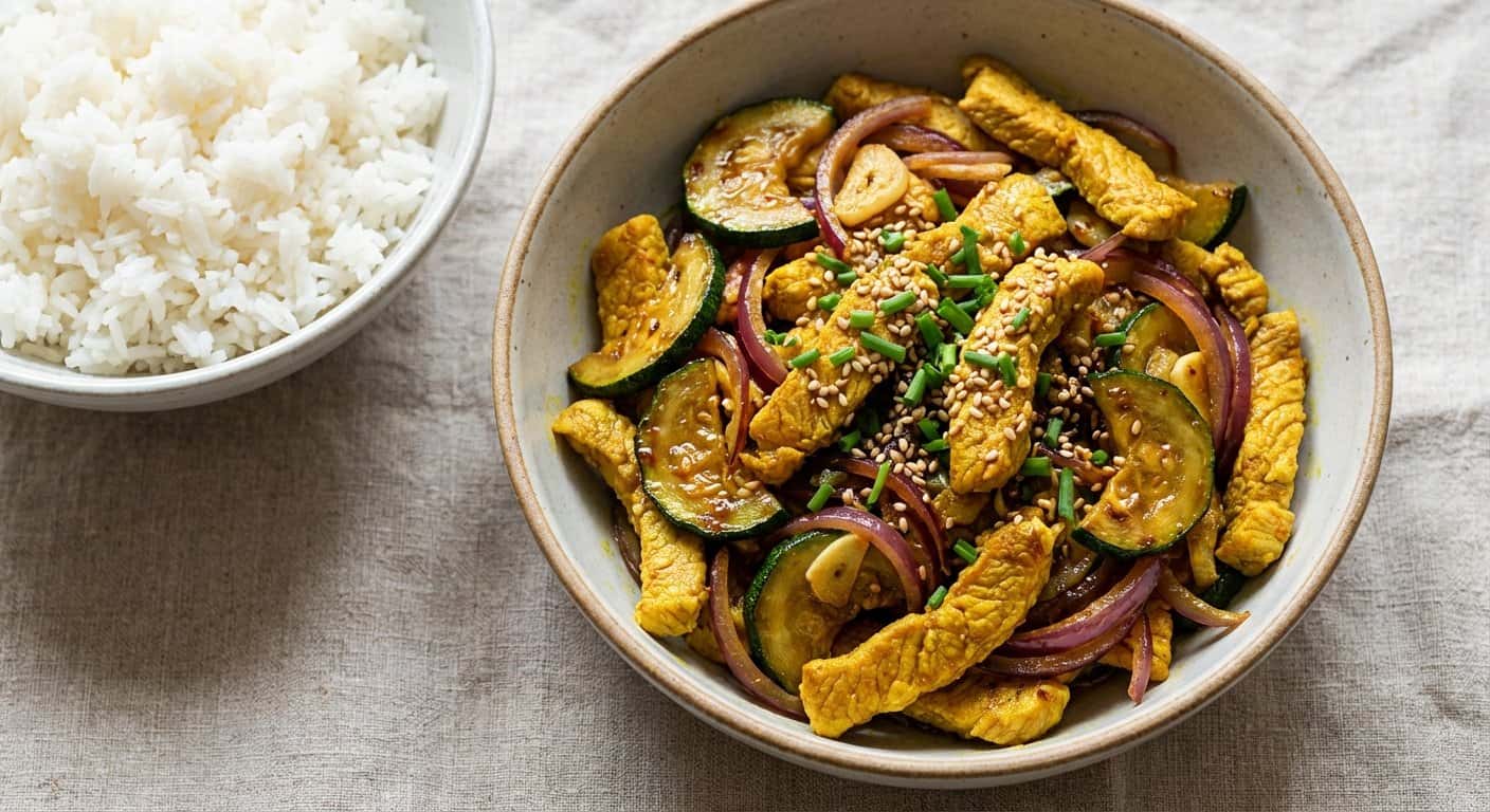 Cerdo Salteado con Calabacín y Cúrcuma