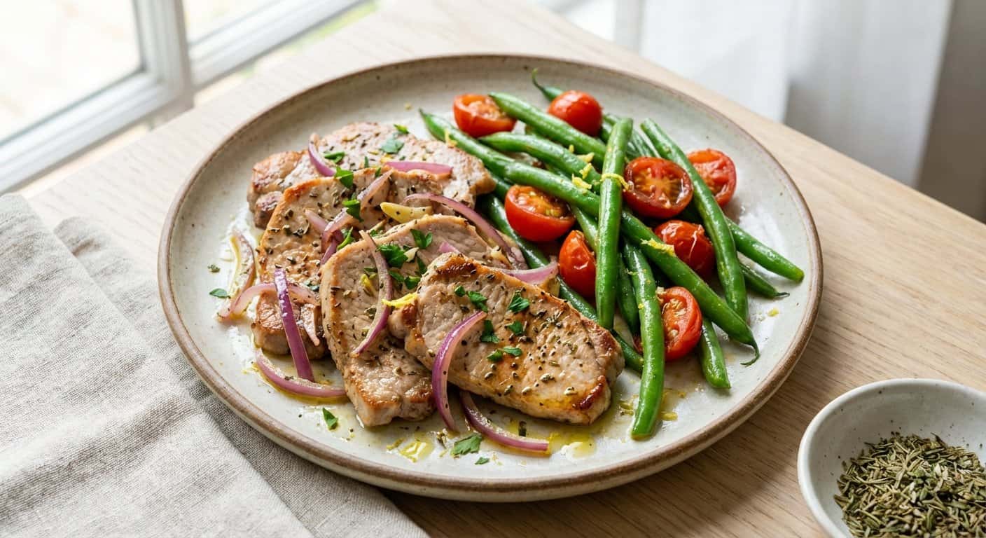 Cerdo Salteado con Judías Verdes y Hierbas Provenzales