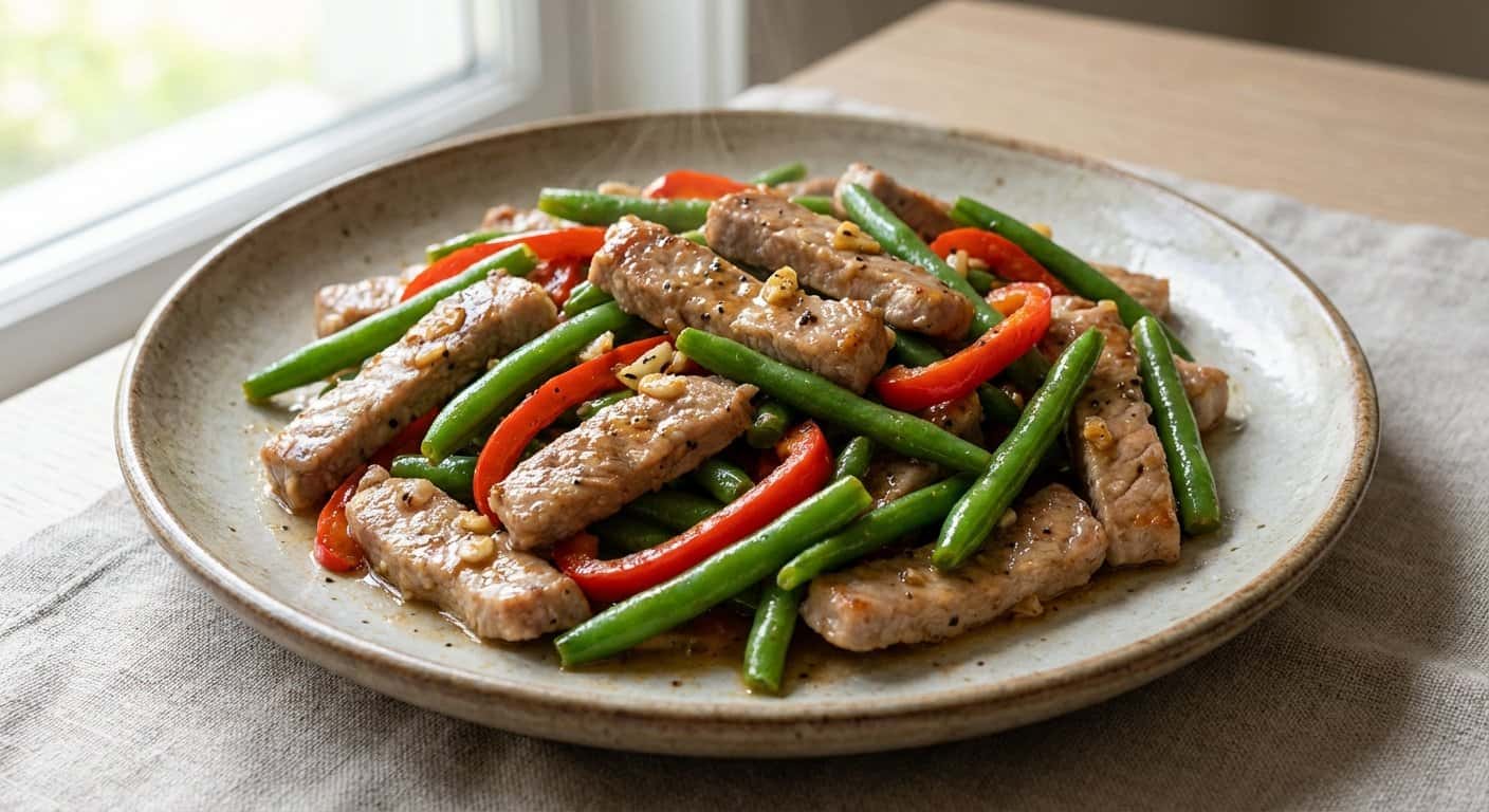 Cerdo Salteado con Judías Verdes y Pimienta Negra
