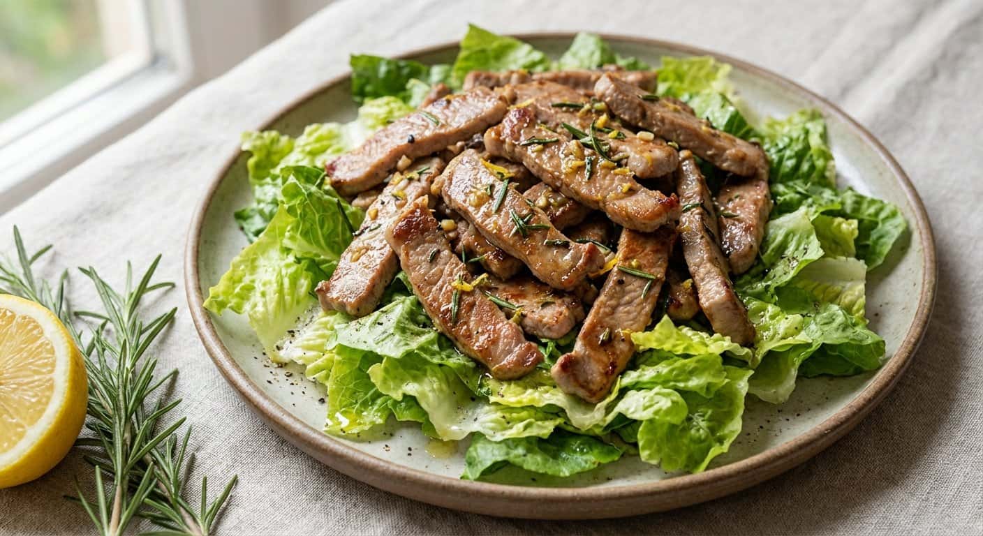 Cerdo Salteado con Lechuga Romana y Romero al Limón