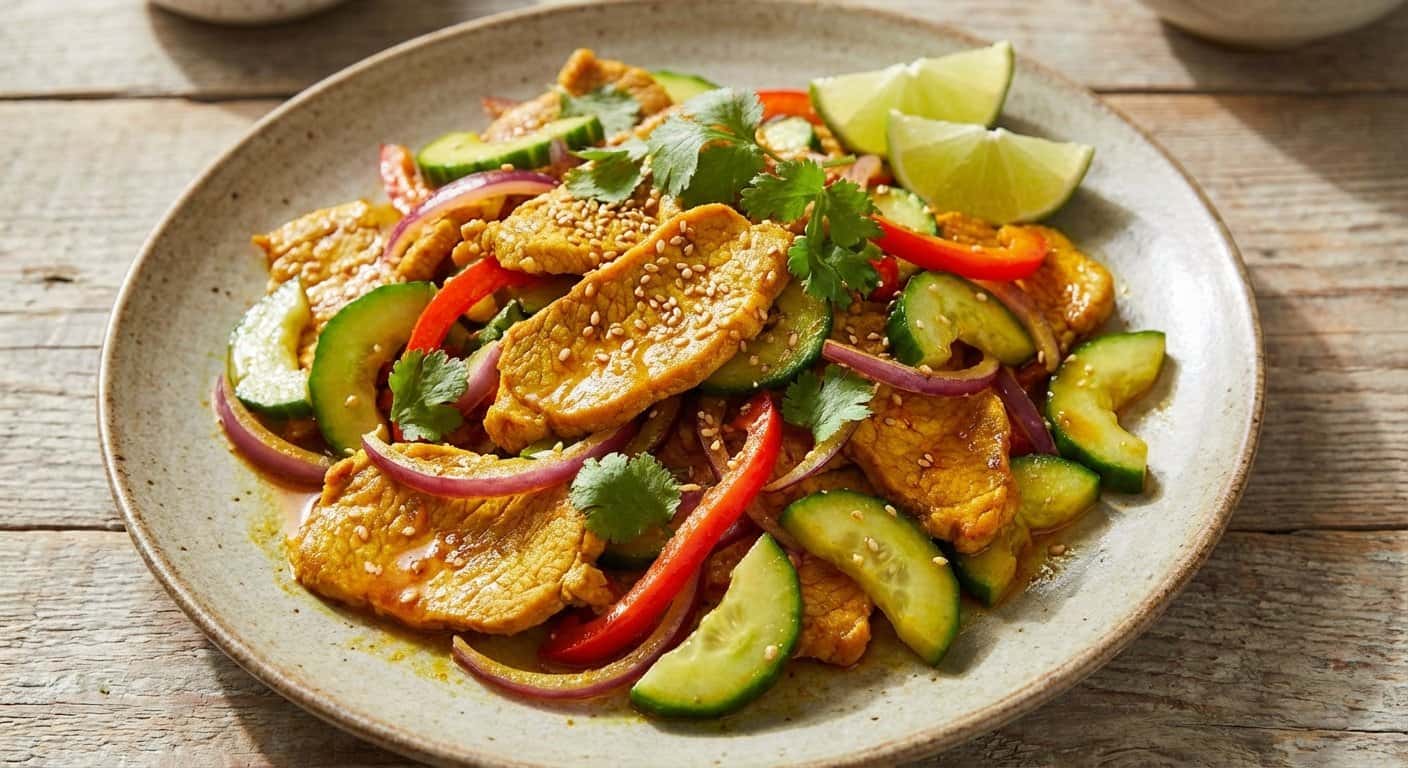 Cerdo Salteado con Pepino y Cúrcuma