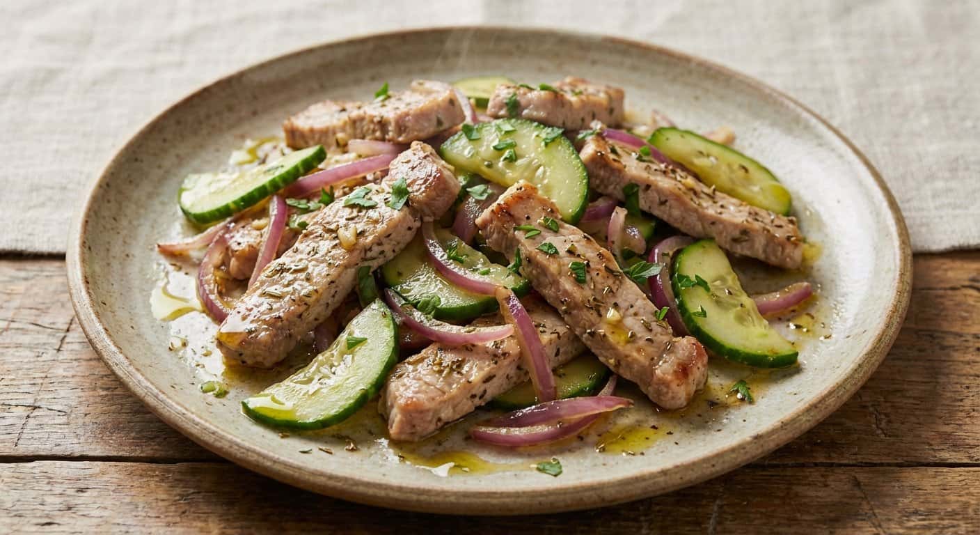 Cerdo Salteado con Pepino y Hierbas Provenzales