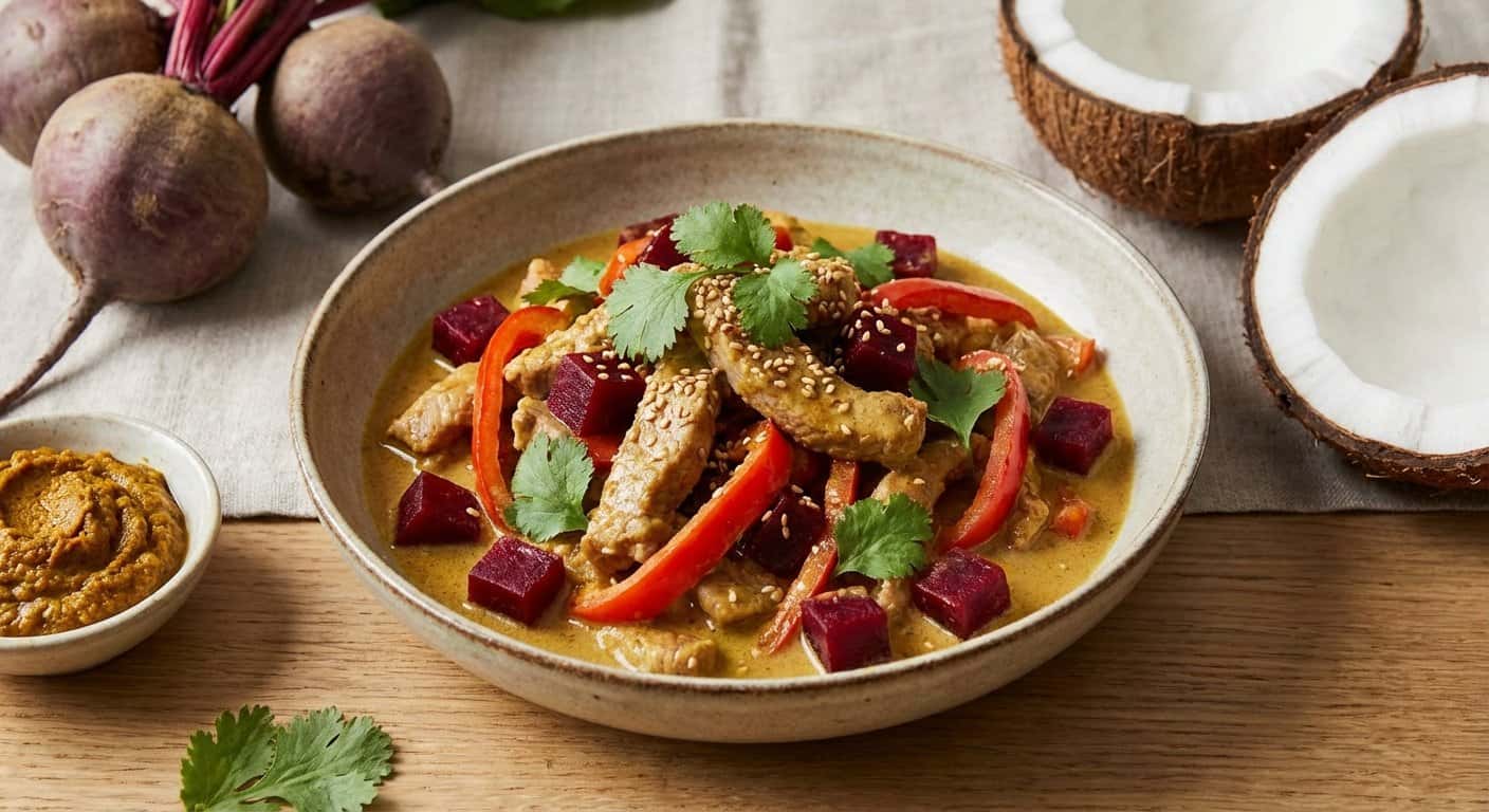 Cerdo Salteado con Remolacha y Curry Suave