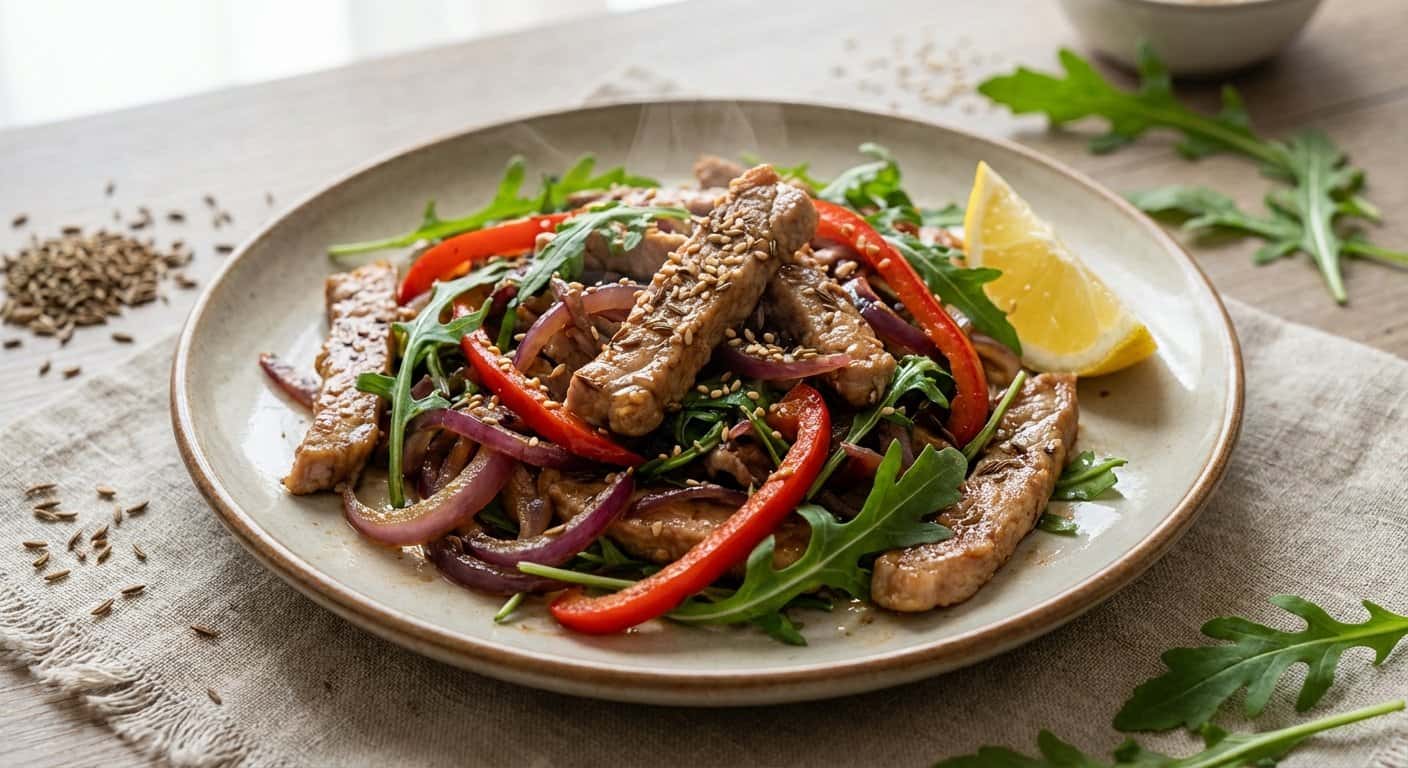 Cerdo Salteado con Rúcula y Comino