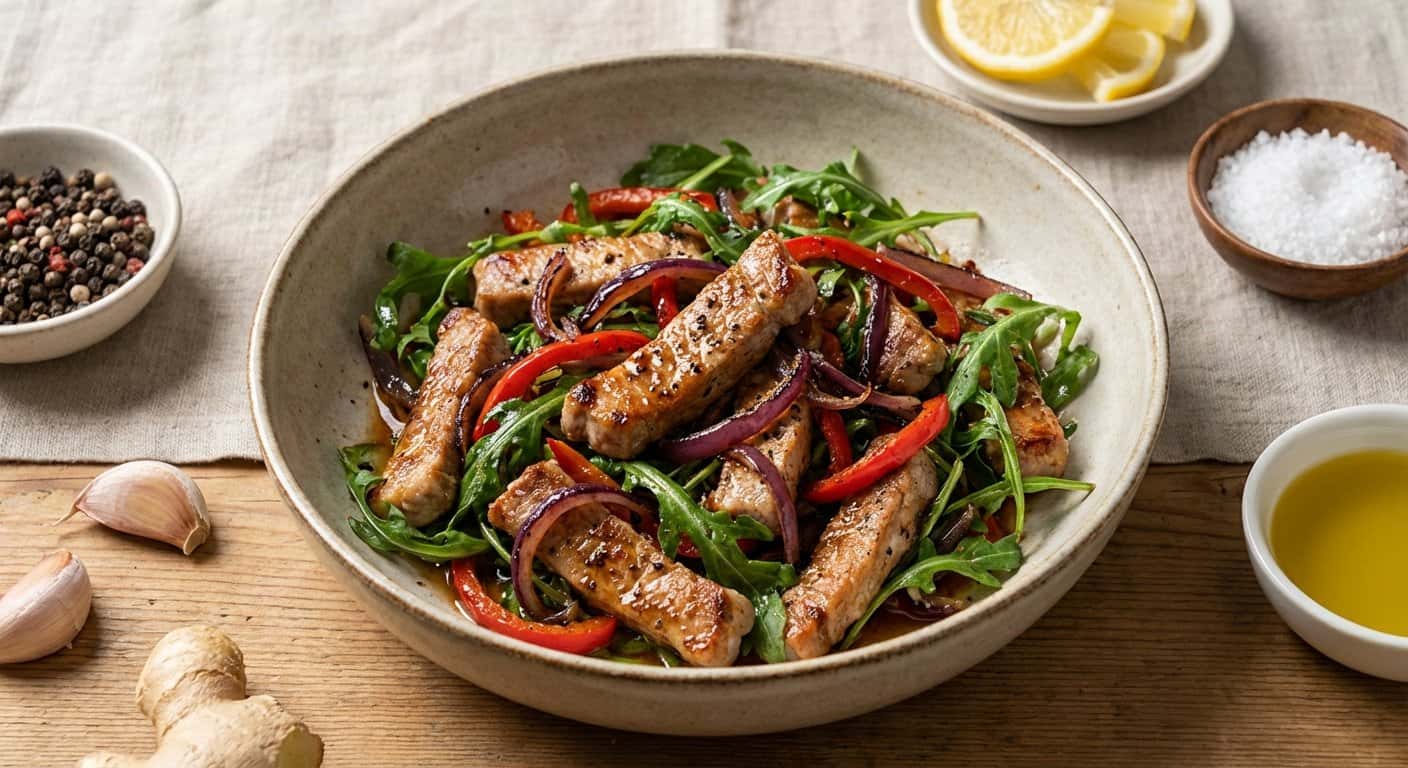 Cerdo Salteado con Rúcula y Pimienta Negra