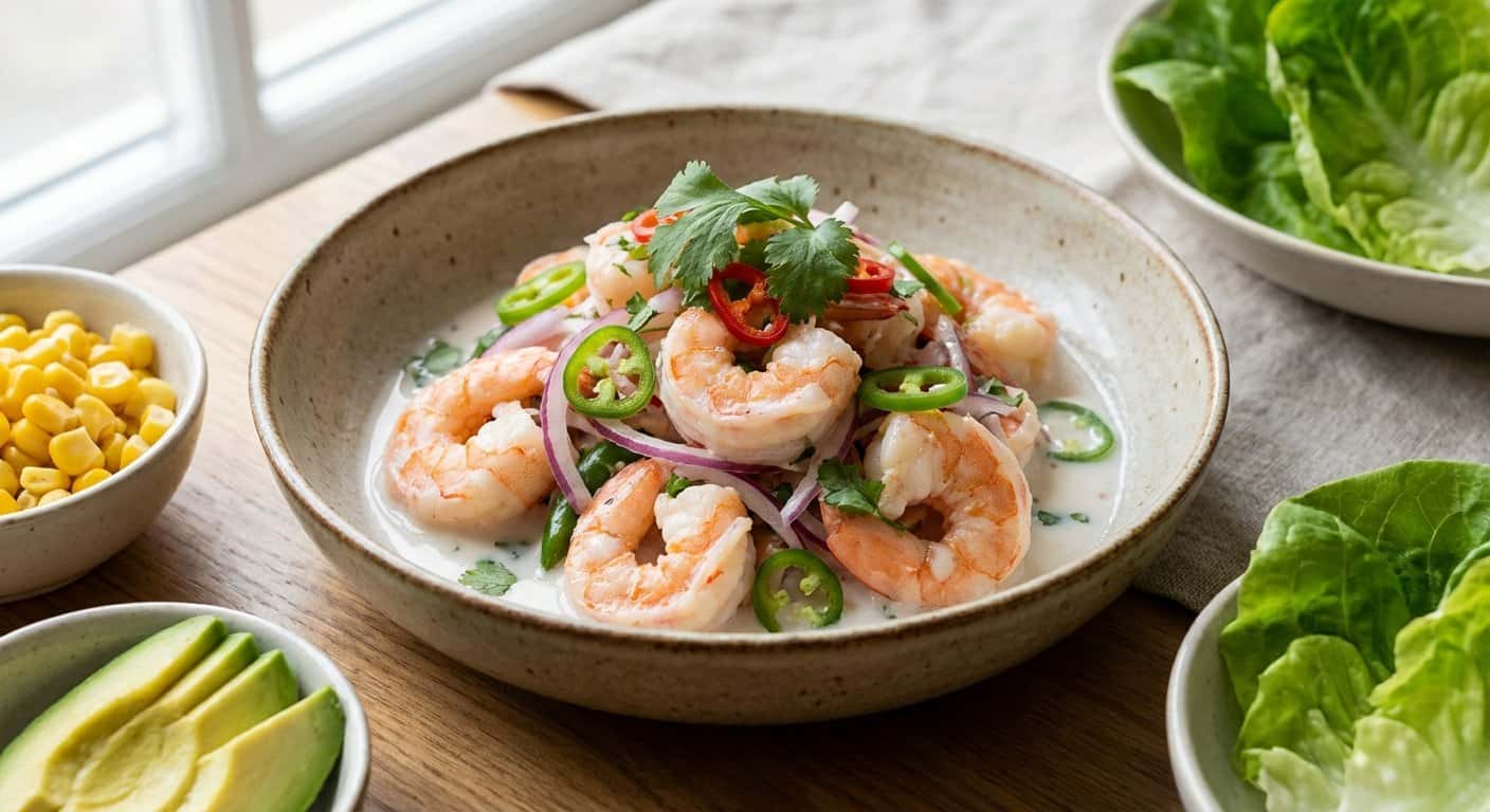 Ceviche de Gambas con Leche de Coco y Chile Fresco