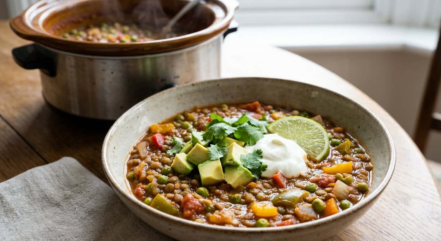 Chili de Lentejas con Guisantes y Toque de Comino en Slow Cooker