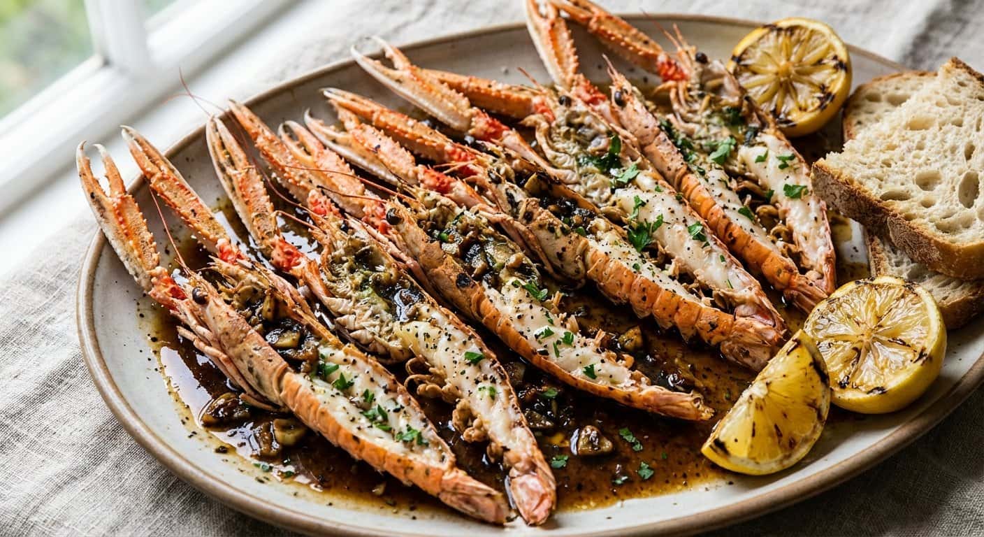 Cigalas a la brasa con mantequilla de ajo negro