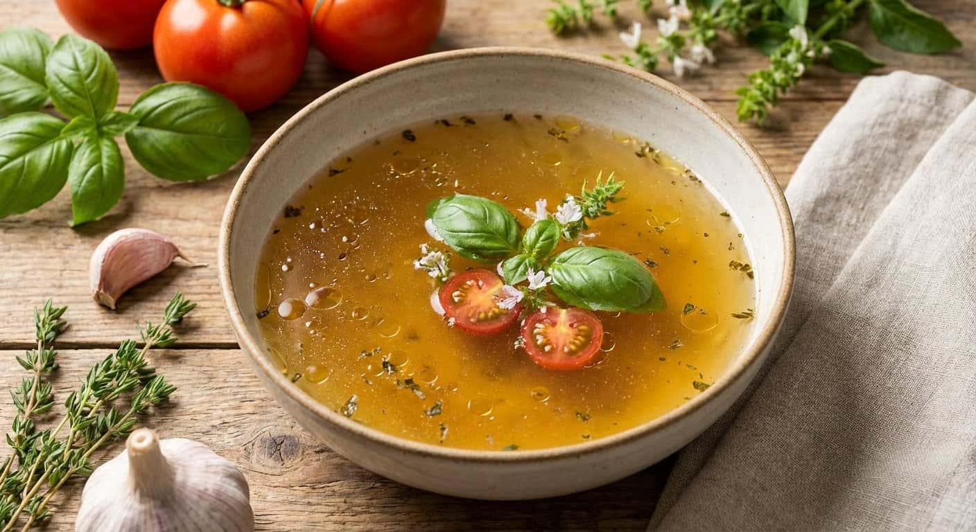 Consomé de Tomate Clarificado con Albahaca