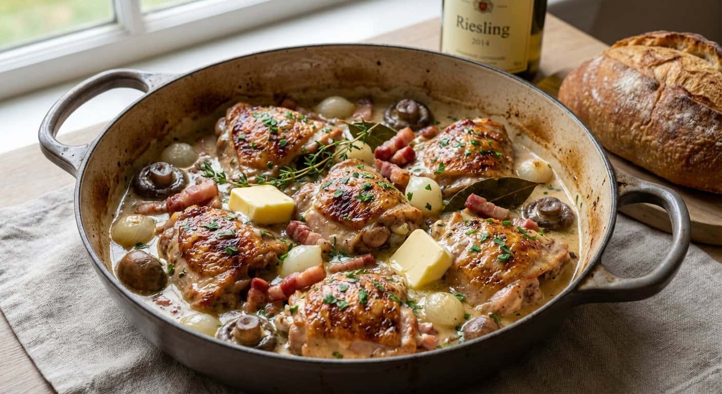 Coq au Vin Alsaciano con Mantequilla