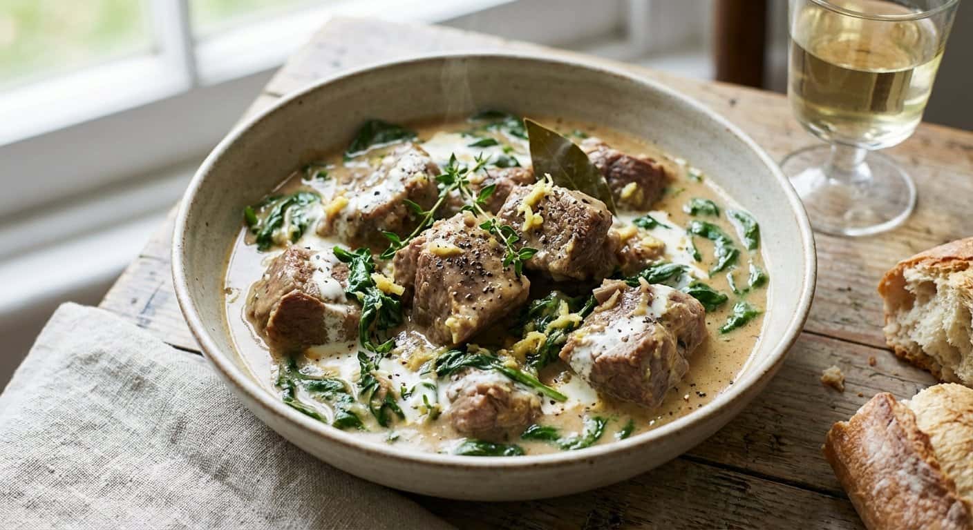 Cordero a fuego lento con espinacas, jengibre y vino blanco