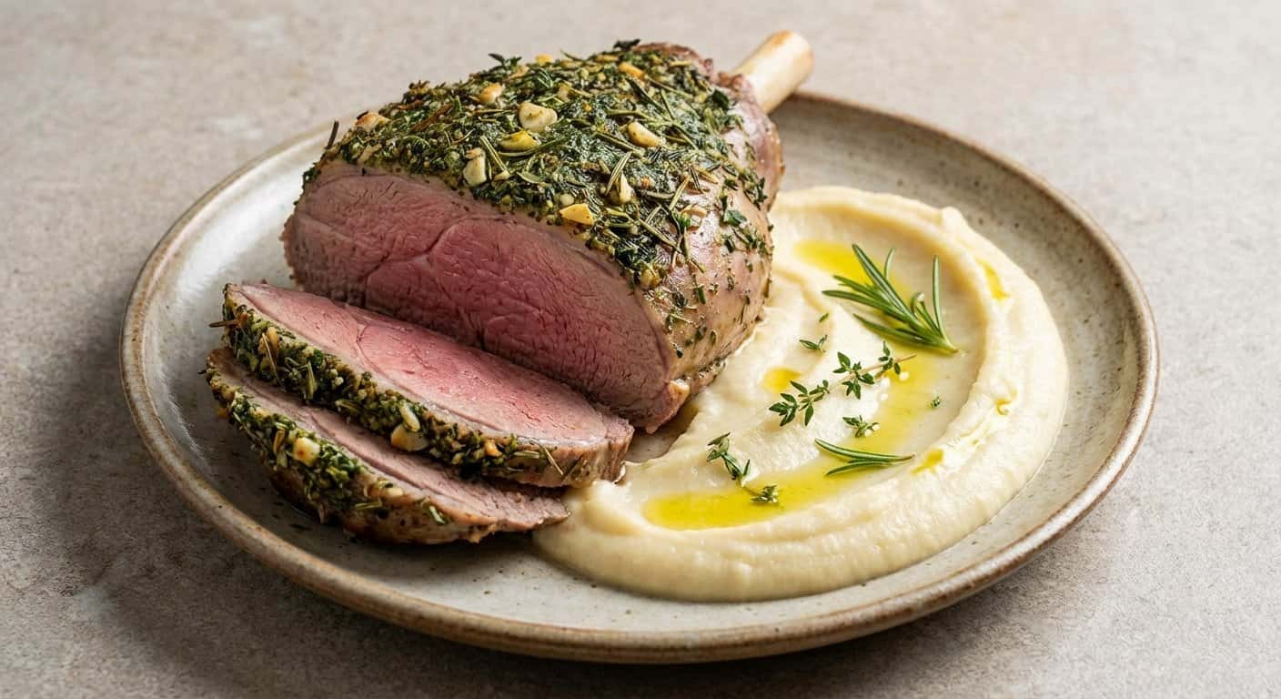 Cordero Asado con Costra de Hierbas y Puré de Nabos