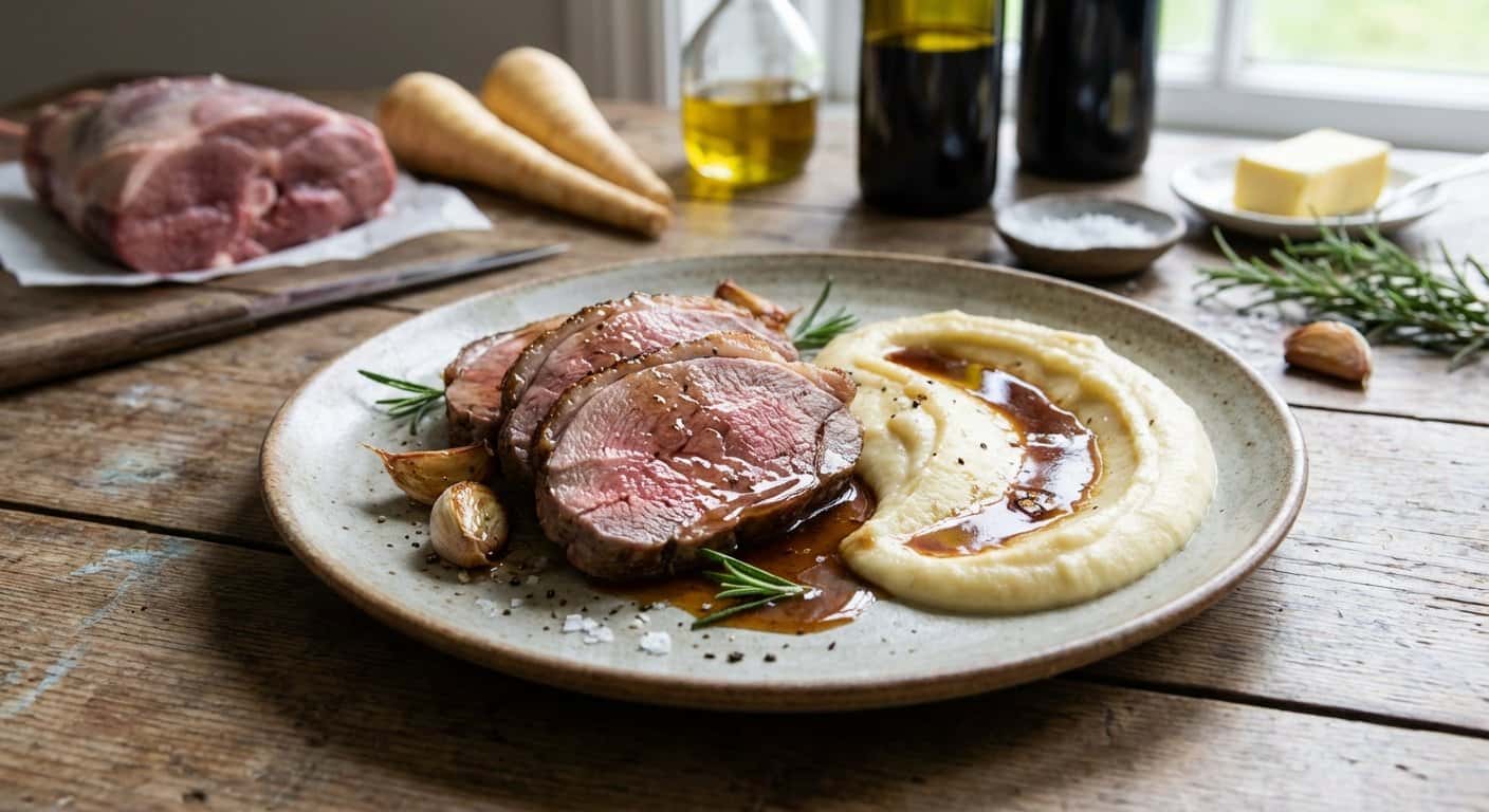 Cordero lechal con jugo de romero y puré de chirivía