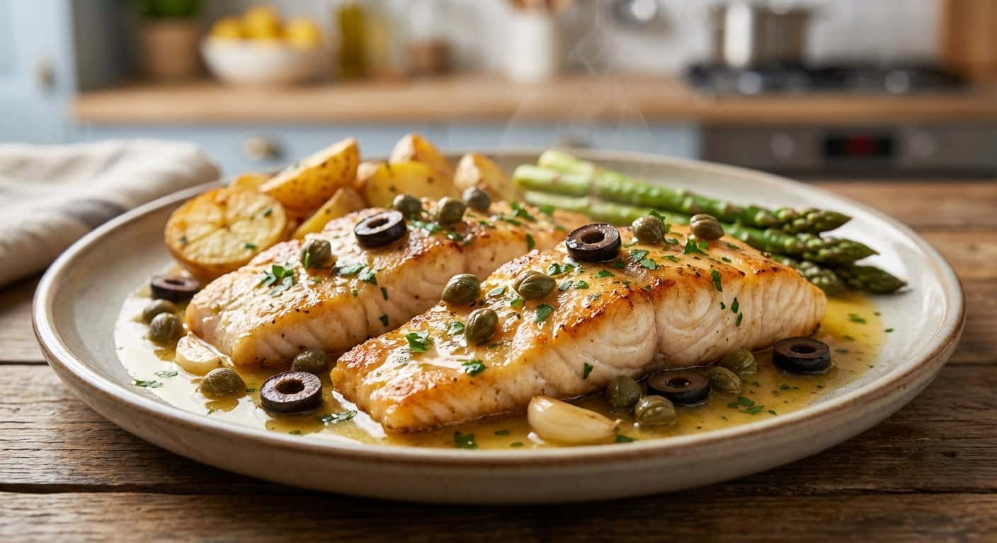 Corvina a la Mantequilla con Alcaparras y Aceitunas