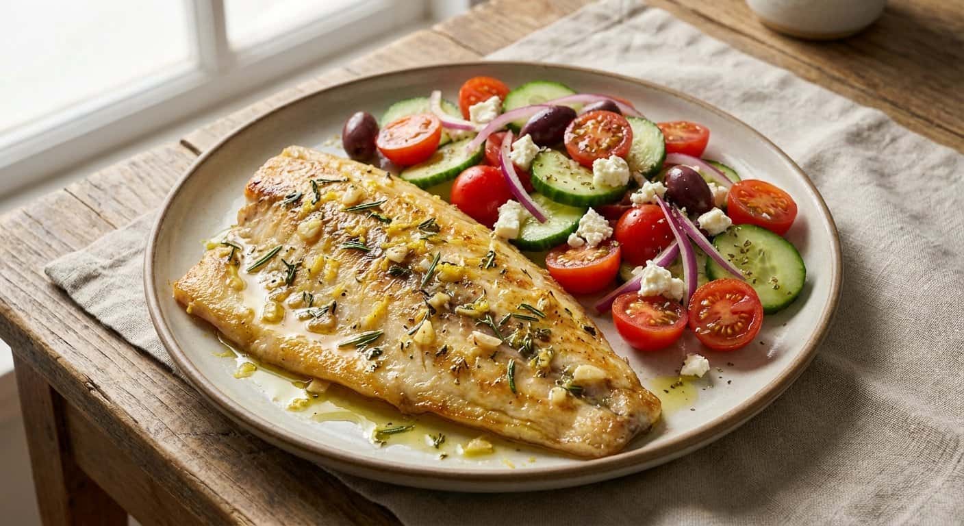 Corvina al Estilo Mediterráneo con Ensalada Fresca