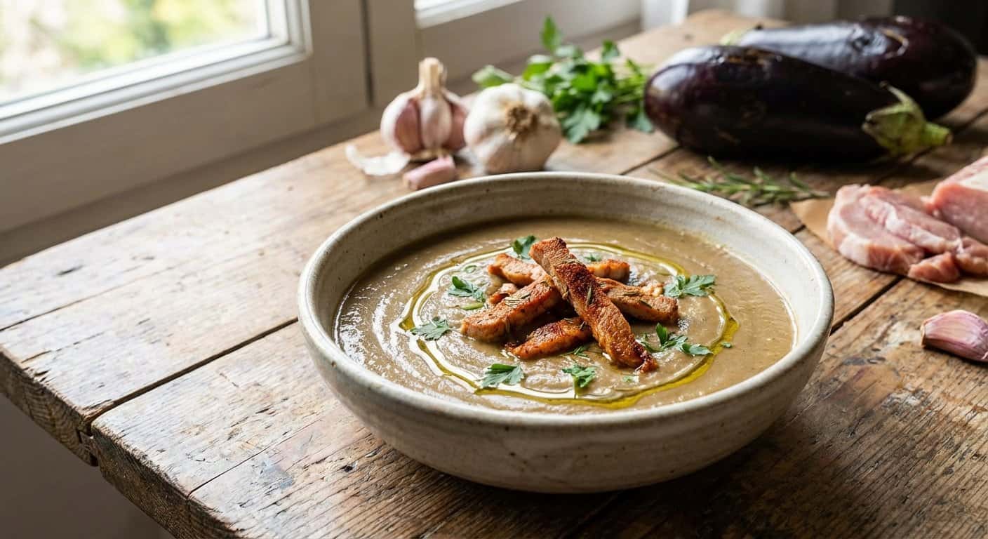 Crema de Berenjena con Tiras de Cerdo