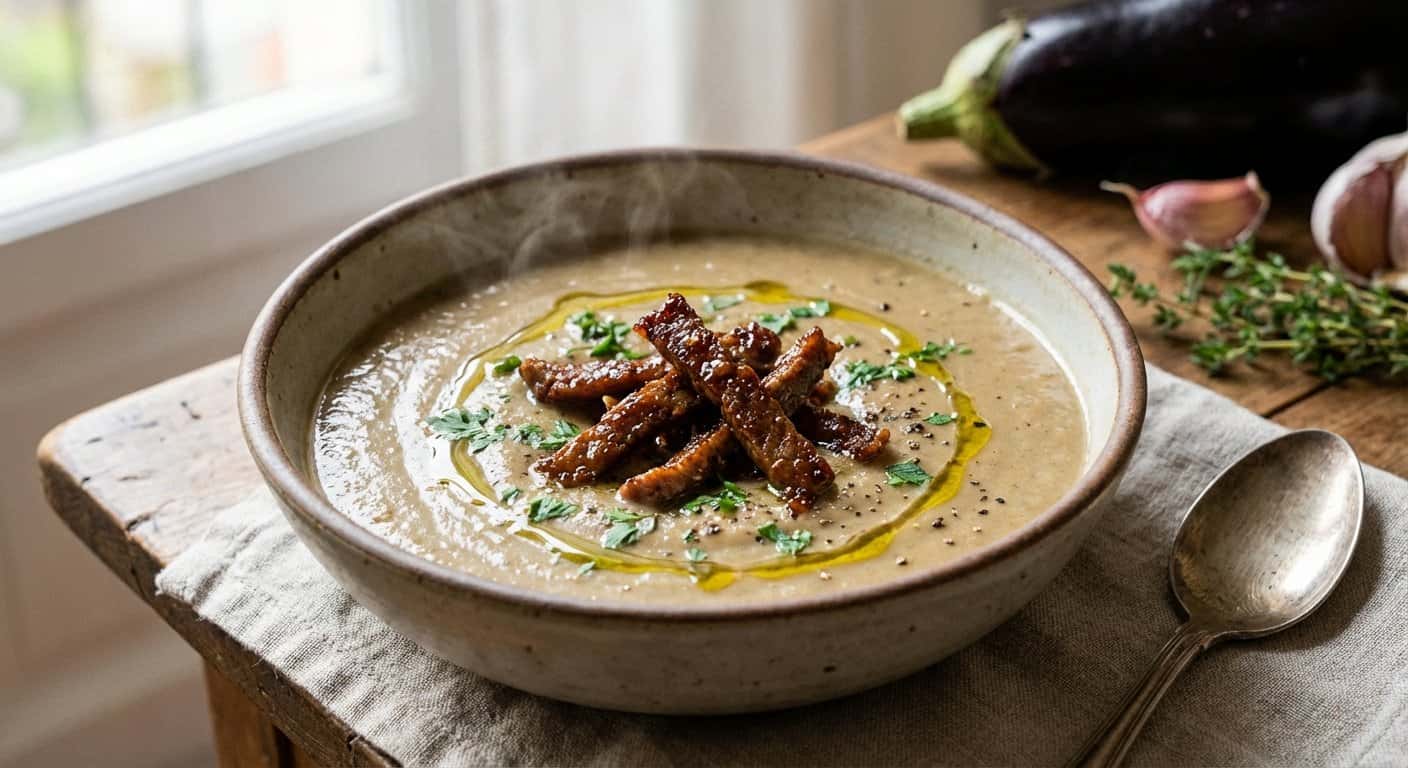 Crema de Berenjena con Tiras de Ternera