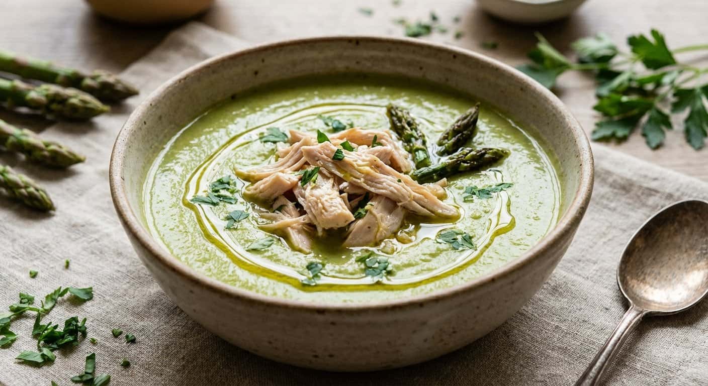 Crema de Espárragos con Pollo Desmenuzado