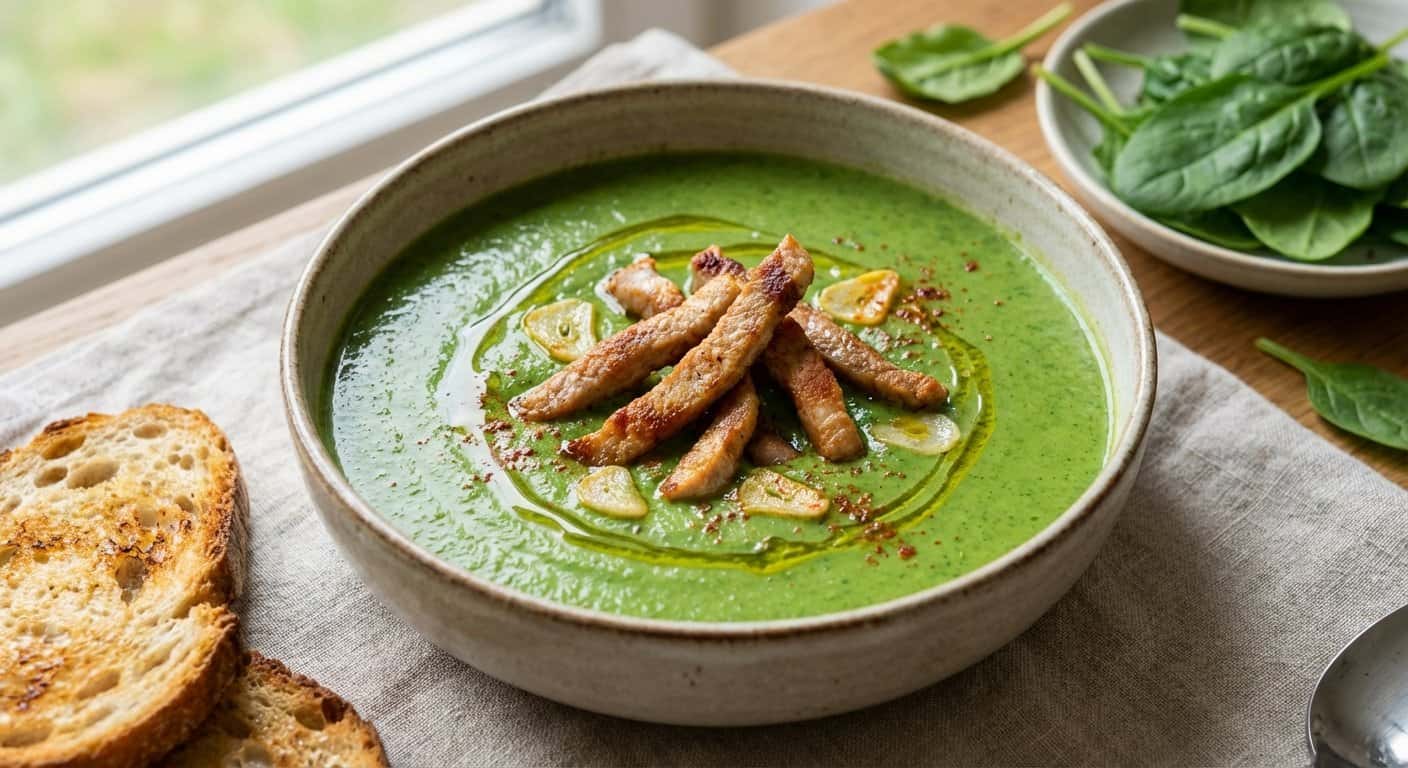 Crema de Espinacas con Tiras de Cerdo