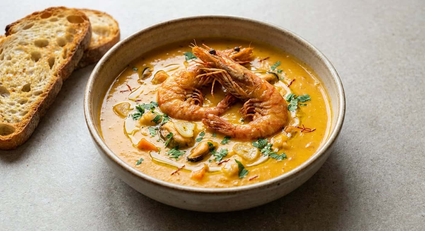 Crema de Marisco con Azafrán y Crujiente de Gambón