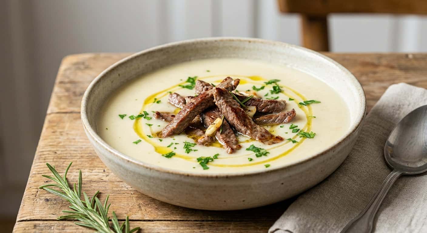 Crema de Puerro con Tiras de Ternera