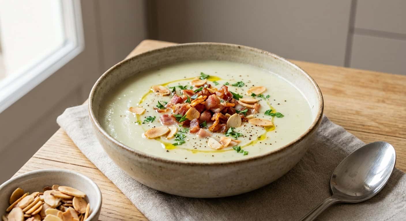 Crema de Puerros y Almendra con Crujiente de Bacon