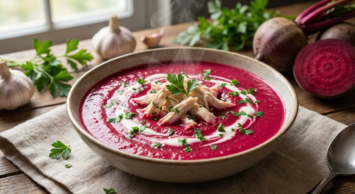 Crema de Remolacha con Pollo Desmenuzado