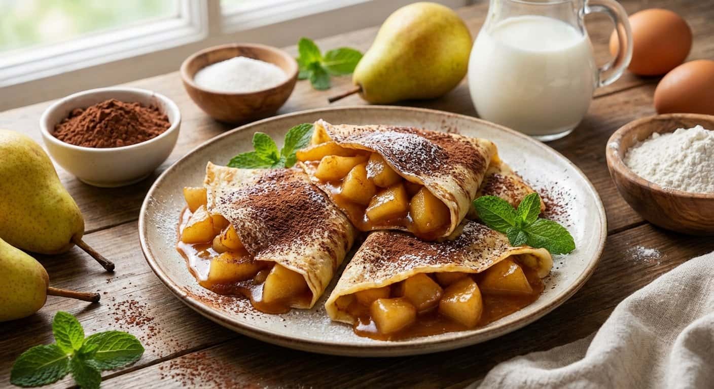 Crepes Dulces con Cacao y Pera Caramelizada