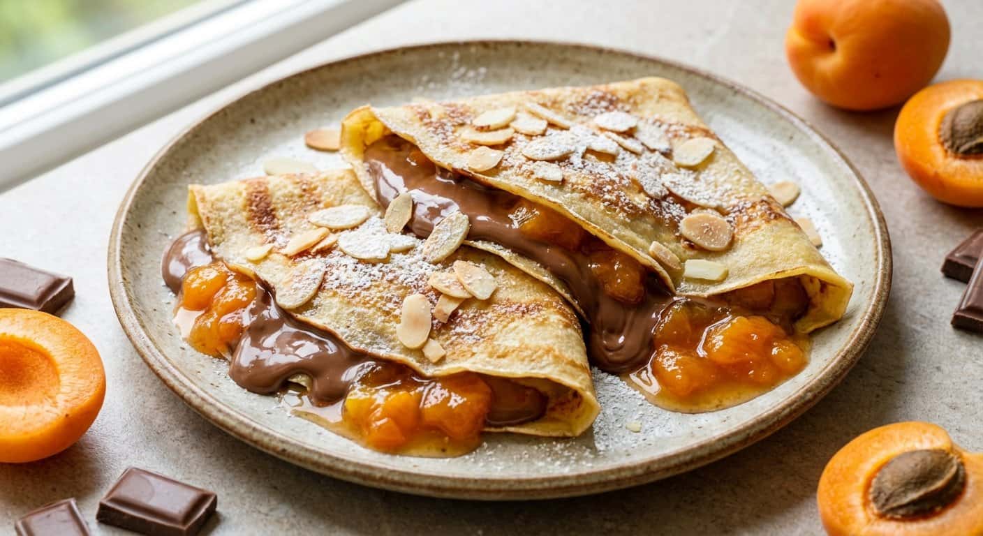 Crepes dulces con chocolate con leche y albaricoque