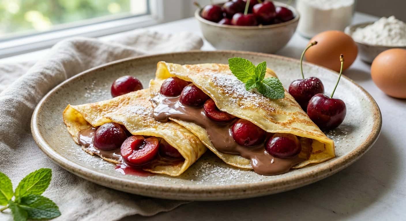 Crepes dulces con chocolate con leche y cereza