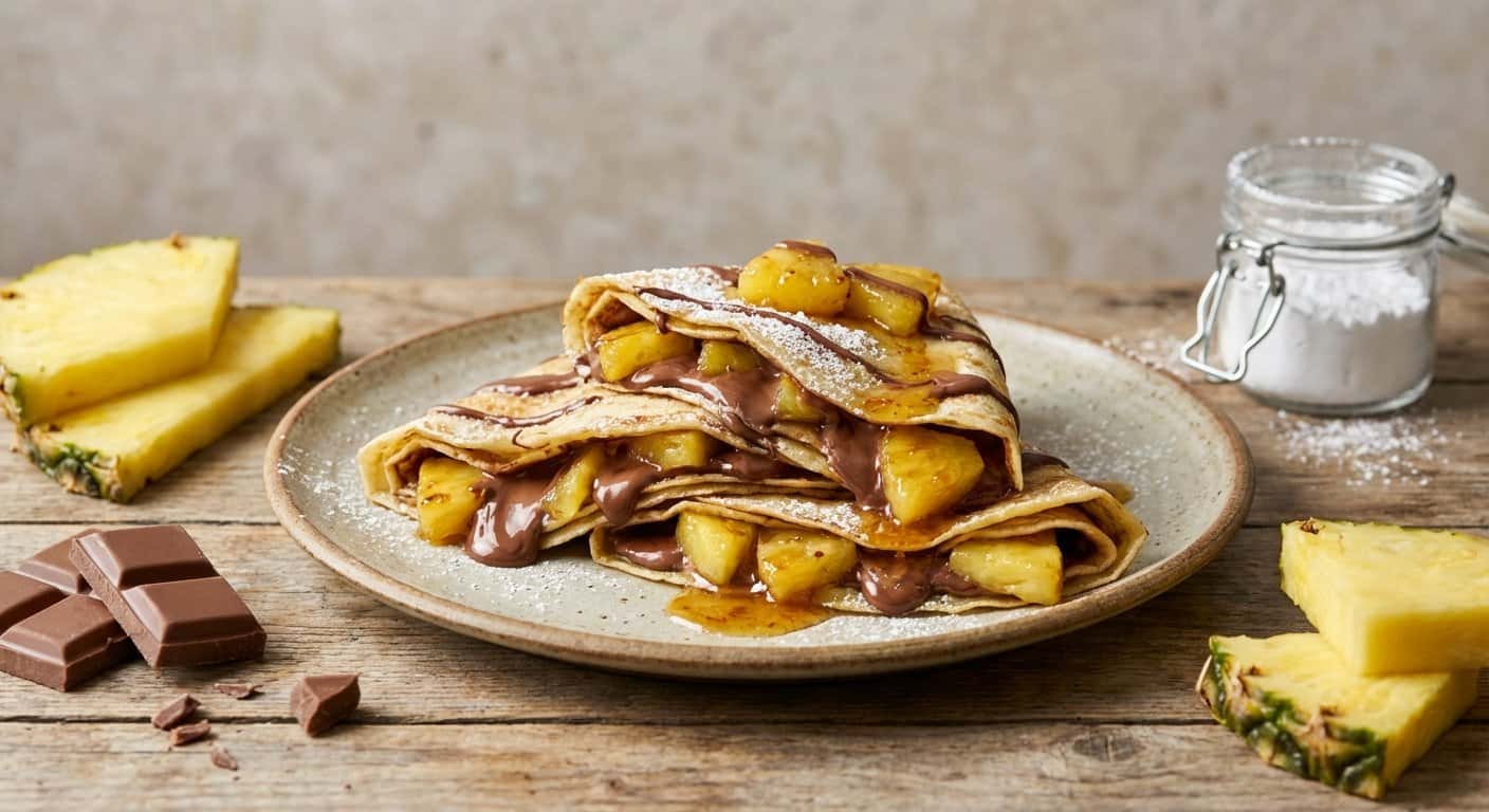 Crepes dulces con chocolate con leche y piña