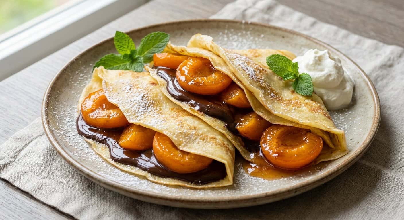 Crepes dulces con chocolate negro y albaricoque