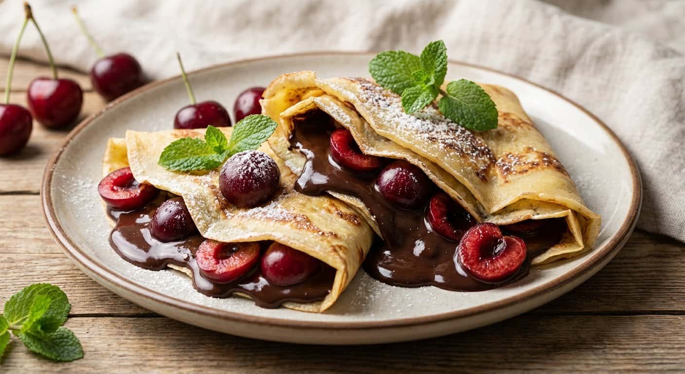 Crepes dulces con chocolate negro y cereza