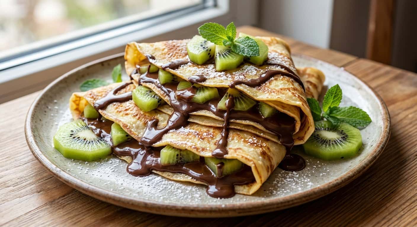 Crepes Dulces con Chocolate Negro y Kiwi
