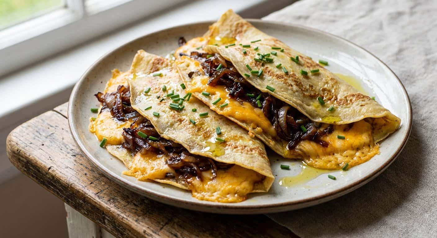 Crepes Salados con Cebolla Caramelizada y Cheddar